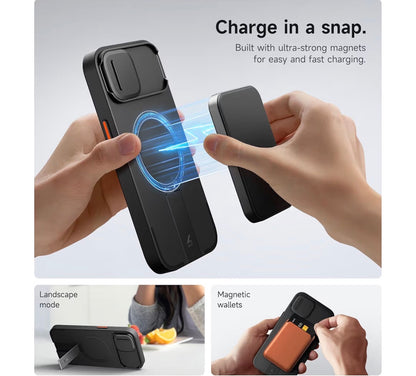 SURITCH for iPhone 13/14 Case with Magnetic Camera Slide Cover and Adjustable Kickstand