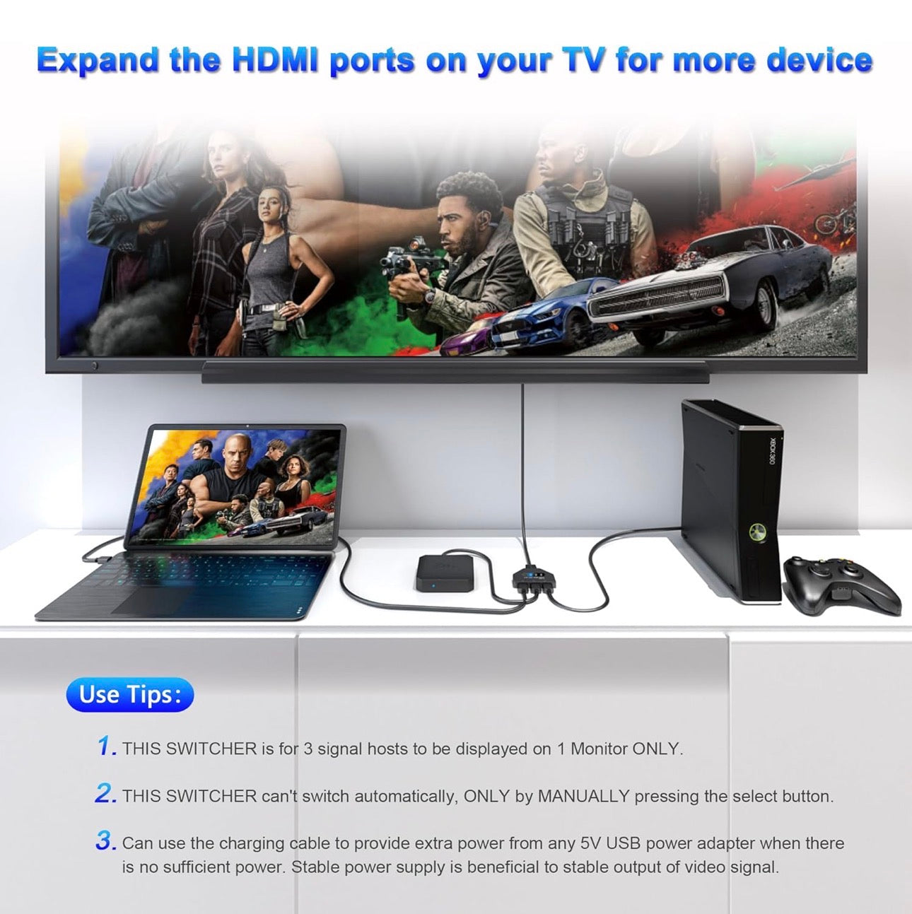 HDMI Switch 3 in 1 Out, 4K@30hz HDMI Splitter