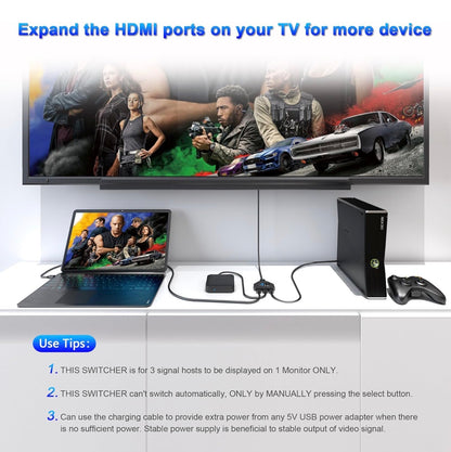 HDMI Switch 3 in 1 Out, 4K@30hz HDMI Splitter