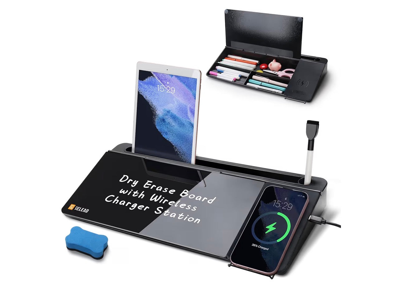 Desktop Glass Whiteboard with Wireless Charger Station