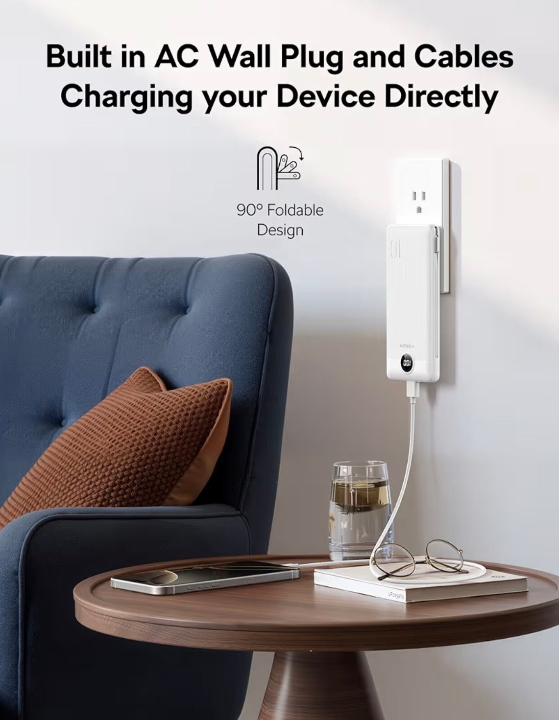 All in One Travel Portable Charger with Built-in AC Plug & Cables