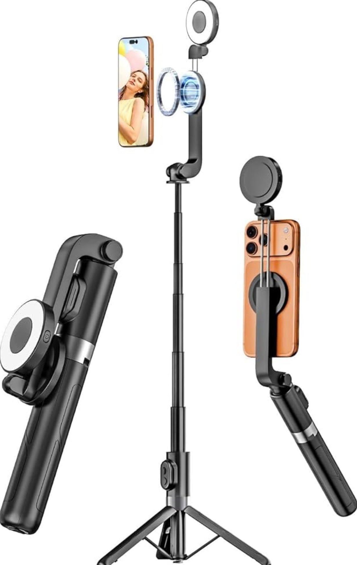 Magnetic Selfie Stick Tripod with Light & Remote, Phone Tripod with Magnetic Holder for Magsafe
