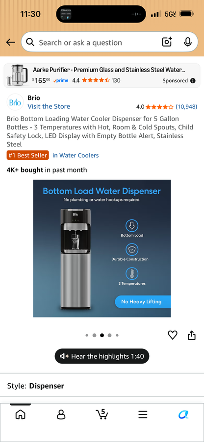 Brio Bottom Loading Water Cooler Dispenser for 5 Gallon Bottles