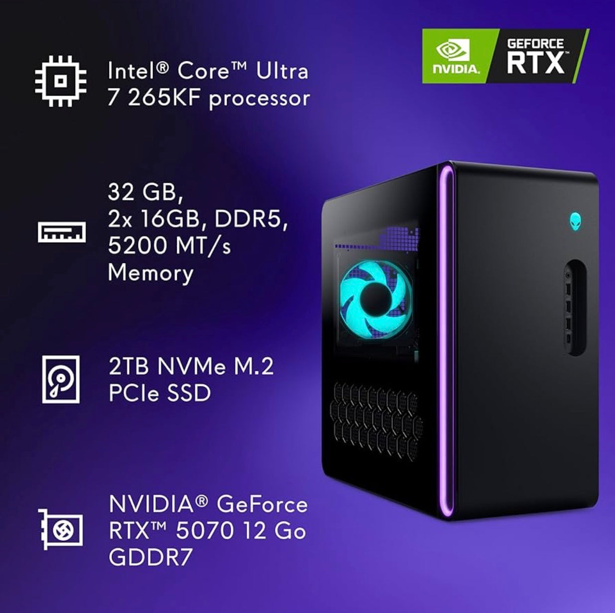 Alienware Aurora Gaming Desktop ACT1250 - Intel Core Ultra 7 265KF Processor, Liquid Cooled