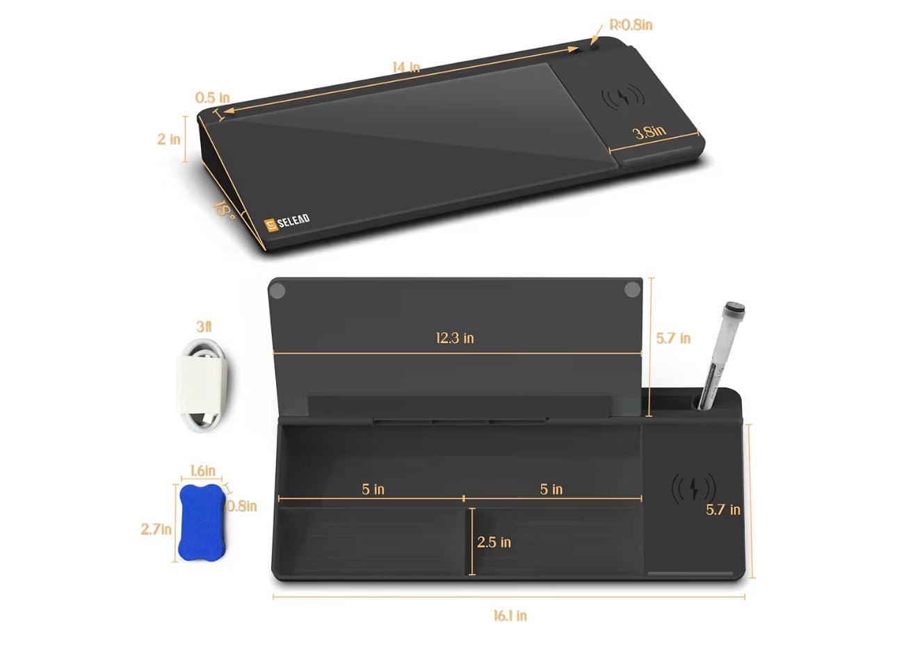 Desktop Glass Whiteboard with Wireless Charger Station