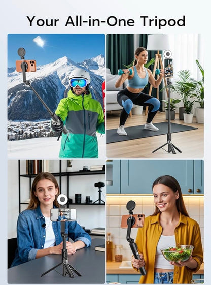 Magnetic Selfie Stick Tripod with Light & Remote, Phone Tripod with Magnetic Holder for Magsafe