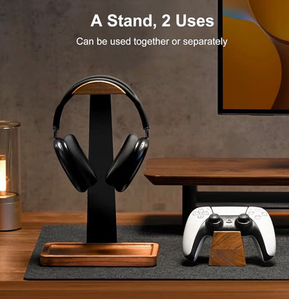 Walnut Wood Headphone Stand with Storage Base